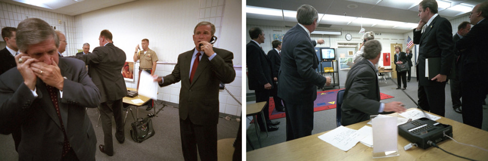 At left, George W. Bush calls New York Governor George Pataki, FBI Director Robert Mueller and Vice President Dick Cheney shortly after he learns of the September 11 attacks from Emma E. Booker Elementary School. White House Chief of Staff Andy Card talks on a cell phone. At right, Bush watches TV news coverage of New York. | George W. Bush Presidential Library and Museum