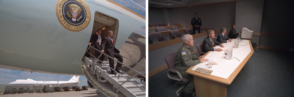 At left, President George W. Bush arrives Tuesday, Sept. 11, 2001, at Offutt Air Force Base in Nebraska. At right, Bush, Admiral Richard Mies, left, and White House Chief of Staff Andy Card conduct a video teleconference at the base. | Courtesy of the George W. Bush Presidential Library and Museum