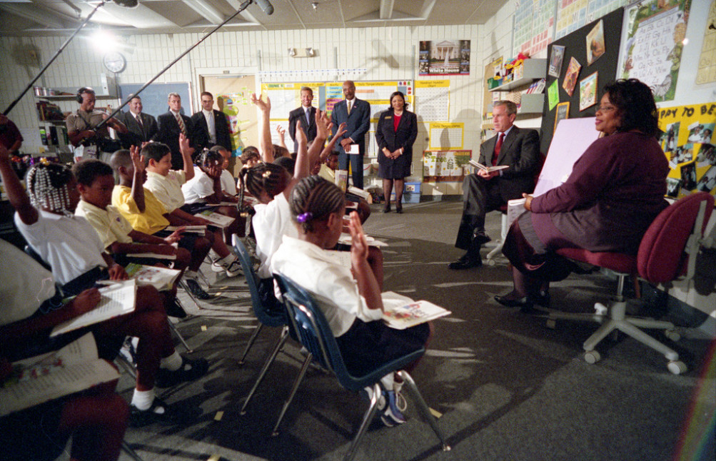 President George W. Bush participates in a reading demonstration the morning of Tuesday, Sept. 11, 2001, at Emma E. Booker Elementary School in Sarasota, Florida. | George W. Bush Presidential Library and Museum