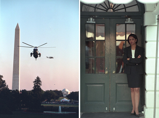 At left, Marine One prepares to land on the South Lawn of the White House. At right, National Security Advisor Condoleezza Rice waits at the South Portico for Bush to return. | U.S. National Archives