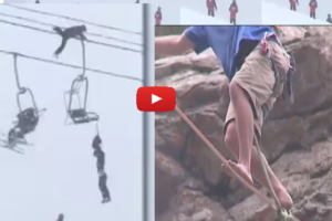 Professional slackliner attempts rescue for friend hanging unconscious from chairlift